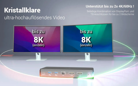 Thunderbolt 4 Docking Station delivers smooth dual 4K 8K display setup with two monitors and various ports.