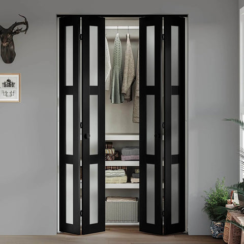 Black Bi-Fold Closet Door With Frosted Tempered Glass, 72 By 80 Inches Opening, 78 Inch Door Height, Wood Grain Laminate Finish
