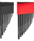 Short Arm Ball End Hex L Key Set With Holders, 28-Piece, 0.050 to 3/8 in And 1.3 to 10 mm, in red and black racks
