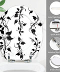 Toilet Seat Round Resin for Bathroom with black leaf design, 14.5" x 16.5", featuring stainless steel hinges.
