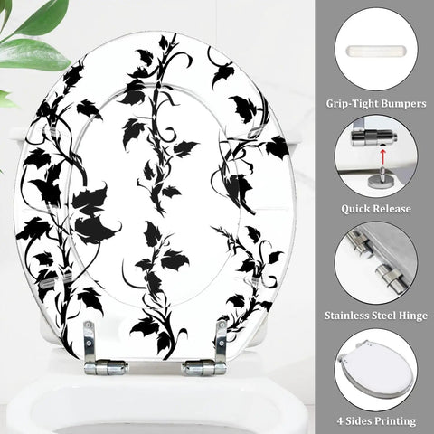 Toilet Seat Round Resin for Bathroom with black leaf design, 14.5" x 16.5", featuring stainless steel hinges.