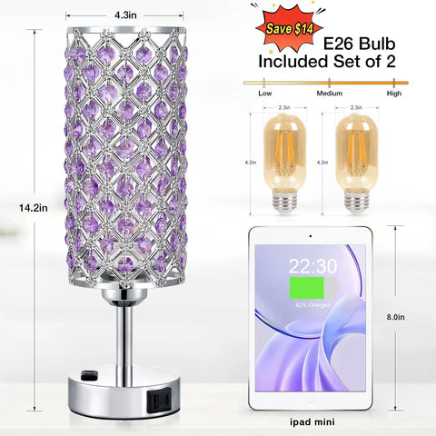 Rose Gold Crystal Touch Lamps Set Of 2 With Dual USB Ports, 3 Way Dimmable Nightstand Lights, lamps and bulbs displayed with sizes