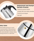 Close-up views of Four Cup Moka Pot Stovetop Espresso Maker In 304 Stainless Steel Induction Compatible Silver Finish Easy Pour.