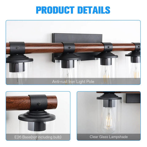 Close-up of 4 Light Farmhouse Vanity Light Fixture With Antique Wood Style Pole And Clear Glass Shades, showcasing product details.