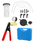 Universal Brake Bleeder Kit With Handheld Vacuum Pump And Full Adapter Tray Shop Approved Tool components including hoses and gauge.