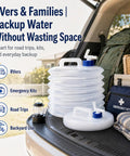 Collapsible Water Container With Spigot For Camping, RV, Hiking, Travel, And Emergency Prep in vehicle trunk with gear.