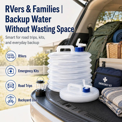Collapsible Water Container With Spigot For Camping, RV, Hiking, Travel, And Emergency Prep in vehicle trunk with gear.