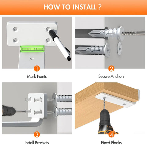 Installation steps for Super Sturdy Floating Shelf Brackets Six Inch Heavy Duty Iron Wall Mount Hardware.