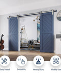 Rugged 10 Foot Brushed Nickel Double Sliding Barn Door Hardware Track Kit With Ball Bearing Rollers Installed on Doors