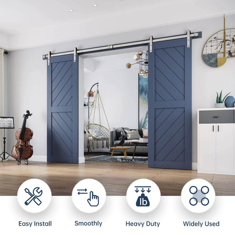 Rugged 10 Foot Brushed Nickel Double Sliding Barn Door Hardware Track Kit With Ball Bearing Rollers Installed on Doors