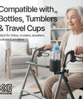 Woman using walker with Deluxe Stainless Steel Cup Holder For Bikes Strollers Wheelchairs ATVs And More Universal Clamp