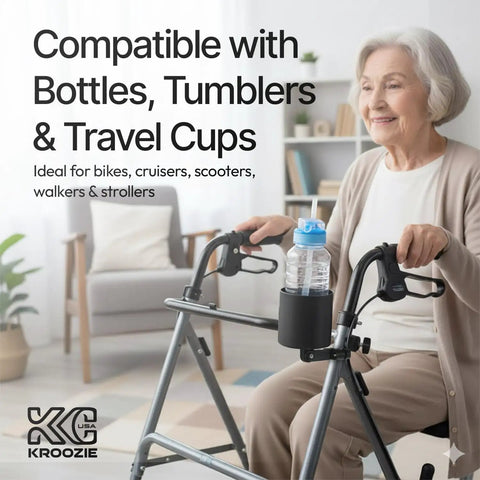 Woman using walker with Deluxe Stainless Steel Cup Holder For Bikes Strollers Wheelchairs ATVs And More Universal Clamp