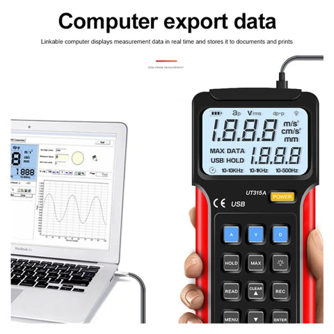 Digital Vibration Meter Handheld Industrial Vibration Sensor And Analyzer With Probe For Pro Grade Accuracy In Acceleration Velocity And Displacement Measurements Rugged Portable Vibration Tester For On Site Diagnostics, shown linked to laptop data