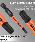 Premium 10 Pack 8 Point Torx Star And Double Square Bit Set with magnetic heads and hex shank, labeled for size and S2 steel.