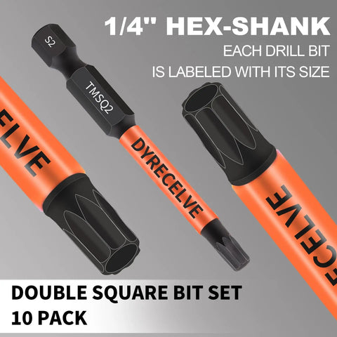 Premium 10 Pack 8 Point Torx Star And Double Square Bit Set with magnetic heads and hex shank, labeled for size and S2 steel.