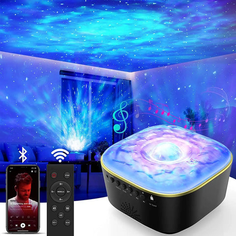 Lit Star Projector Galaxy Night Light with Remote and Timer projecting ocean wave and starry sky in a room with Bluetooth audio.