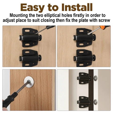 Installation of 4 Pack Magnetic Push To Open Door Latches For Cabinets And Drawers on wooden door with screws