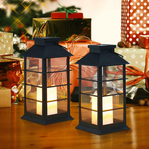 Two Pack Lit Solar Powered Outdoor Hanging Lanterns With Waterproof LED Flickering Flameless Candles, black finish, among gifts.