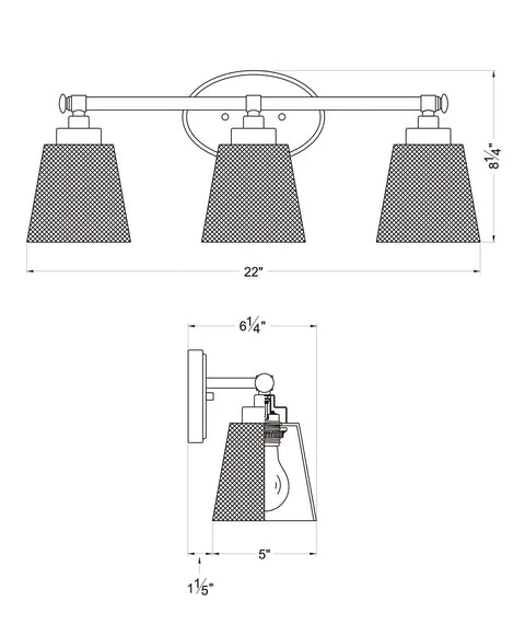 Three Light Bathroom Vanity Light Fixtures Over Mirror In Brushed Nickel Finish With Rustproof Design line drawing
