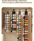 Slick Double Sided Hanging Closet Organizer With Sixteen Clear Pockets For Gym Gear And Casual Threads, Space Savvy Wardrobe Storage Hanger With Heavy Duty Clips, Keep Your Room Tight In Charcoal Gray displaying rolled clothing in clear pockets.