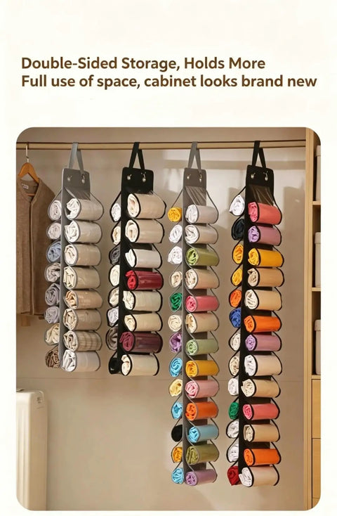 Slick Double Sided Hanging Closet Organizer With Sixteen Clear Pockets For Gym Gear And Casual Threads, Space Savvy Wardrobe Storage Hanger With Heavy Duty Clips, Keep Your Room Tight In Charcoal Gray displaying rolled clothing in clear pockets.