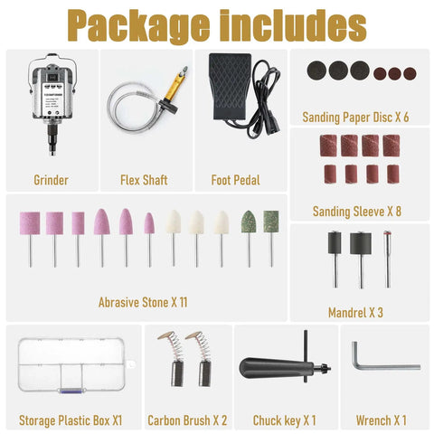 Package contents of Beefy 6.5mm Flex Shaft Rotary Tool 1000W 30000 RPM Workhorse For Metalworking With Foot Pedal Control Forward And Reverse Hanging Grinder Carver For Carving And Buffing