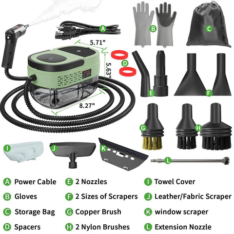 Beast 2500W Handheld Steam Cleaner With 3 Bar Pressure Quick 221 Fahrenheit Heat Up 1.6L Water Tank and accessories displayed