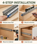 80 Inch Heavy Duty Locking Drawer Slides For Mobile Storage shown in 4-step installation, steel rails with blue lock levers