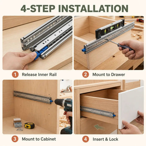 80 Inch Heavy Duty Locking Drawer Slides For Mobile Storage shown in 4-step installation, steel rails with blue lock levers