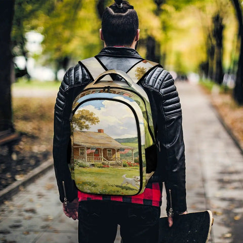 Person wearing Puppy Watercolor Printed Backpack Unisex Large Capacity Go-To Everyday Carry Bag With Durable Polyester Fabric