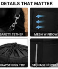 Safety tether, mesh window, drawstring top, and storage pockets of Front Dog Bike Basket For Small Pups Up To 11 Lbs Folding Pet Carrier