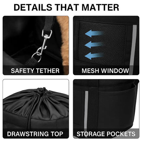 Safety tether, mesh window, drawstring top, and storage pockets of Front Dog Bike Basket For Small Pups Up To 11 Lbs Folding Pet Carrier