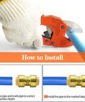 12 Pack One Half Inch Push To Connect Plumbing Fittings Straight Couplings With Disconnect Clip For Copper PEX CPVC Pipe Made Of Brass Durable DIY Friendly Easy Install For Home Plumbing And Hydronic Heating installation guide with pipe and tool close-up.