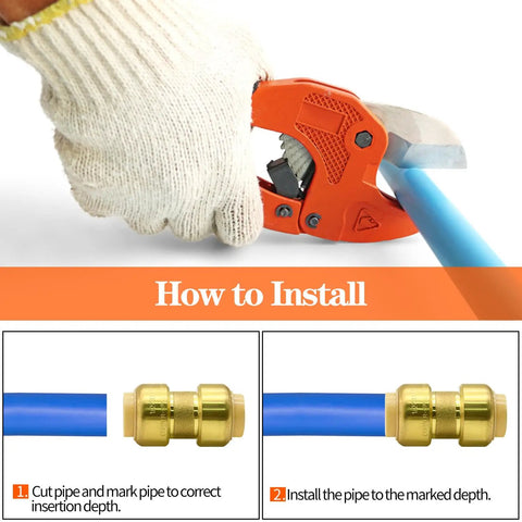 12 Pack One Half Inch Push To Connect Plumbing Fittings Straight Couplings With Disconnect Clip For Copper PEX CPVC Pipe Made Of Brass Durable DIY Friendly Easy Install For Home Plumbing And Hydronic Heating installation guide with pipe and tool close-up.
