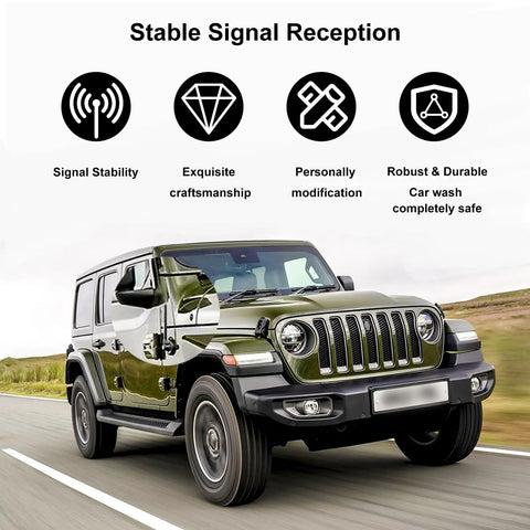 Off-road vehicle with graphics showcasing 7 Inch Short Antenna With Dope American Flag Vibe And Tire Valve Caps For GMC Sierra Ram Chevy Silverado Ford F150 F250 F350 Super Duty Bronco Raptor Car Accessories Black