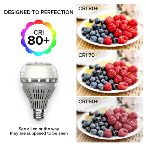 CRI comparison of A21 LED Light Bulbs 2 Pack 250W Equivalent, 5000K Daylight White, E26 Ceramic Technology next to fruit