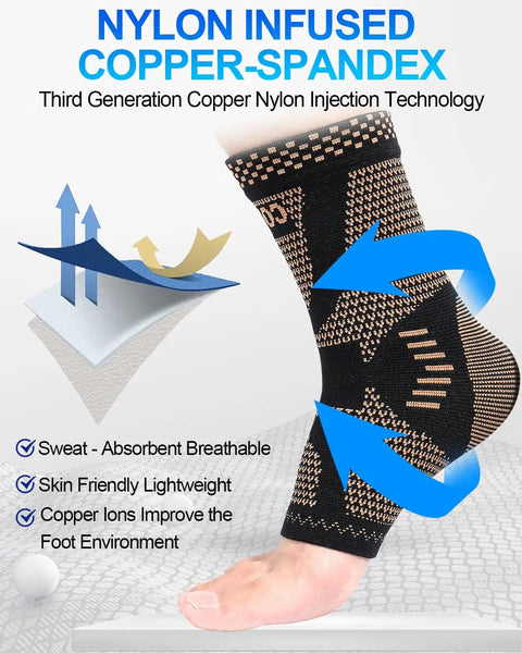 Copper Infused Ankle Brace Compression Sleeve For Men And Women Foot Pain Relief Sprain Recovery Achilles Tendonitis Support Daytime Or Night Use Lightweight Breathable 3D Knit Ergonomic Design