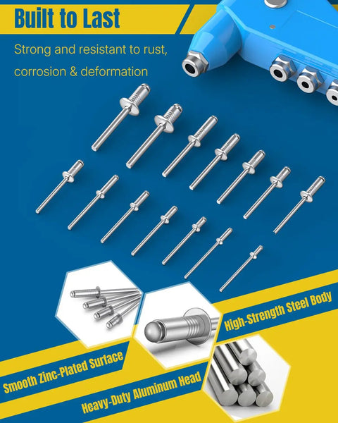 500 Piece Pop Rivets Assortment Kit With 14 SAE Aluminum Blind Rivets For Metal Work, DIY, Automotive And Home Repair