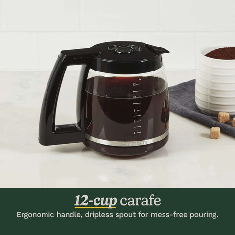 12 Cup Brew Central Coffee Maker With Fully Auto Programmable Settings, black stainless steel glass carafe on counter