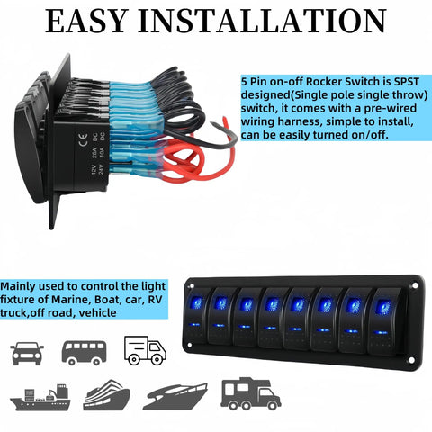 8 Gang Off Road Waterproof Rocker Switch Panel With 5 Pin SPST 12V 24V On Off Toggle 20 Amp Marine Style