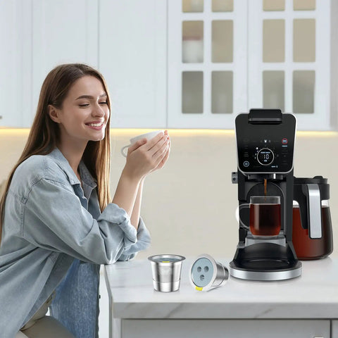 Woman enjoying coffee with Stainless Steel Reusable K Cups For Quick Brew beside a CFP-series coffee maker on the counter.