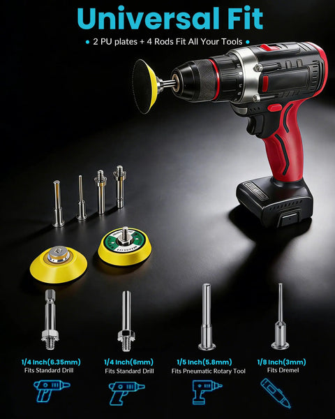 Pro Grade 2-Inch Wet And Dry Sanding Discs Set With 435 Pcs, drill attached with buffing pad and universal fit rods displayed