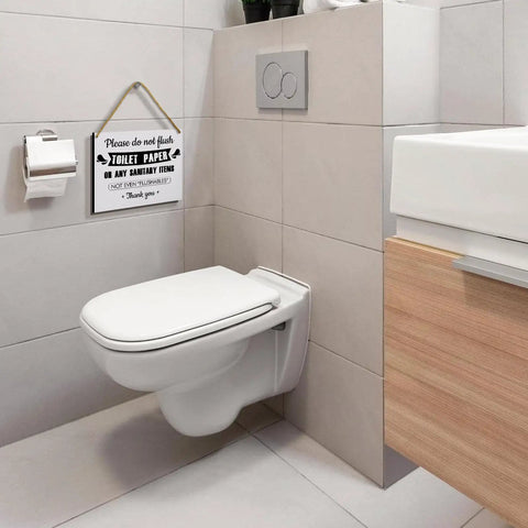 Do Not Flush Anything Except Toilet Paper Sign, Solid Wood Hanging Bathroom Rules Decor in modern bathroom with toilet and sink
