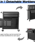 Beefy Eight Drawer Rolling Tool Chest With Lockable Wheels And 2 In 1 Portable Toolbox Organizer High Capacity Storage Cabinet For Garage And Workshop Top Layer And Bottom Cabinet With Hanging Hooks. 2 in 1 detachable workbench with upper toolbox and lower cabinet, steel, black, on wheels