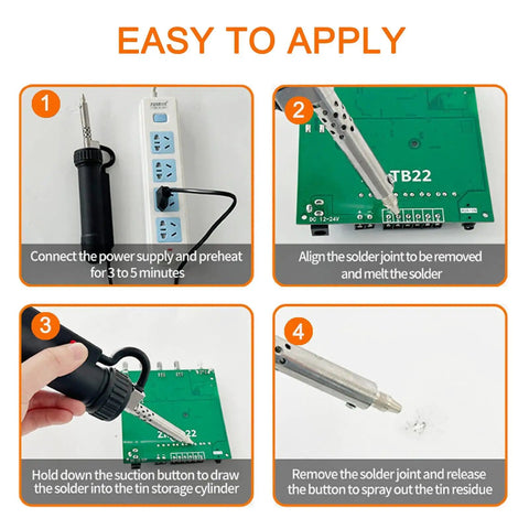 Desoldering Gun With 3 Nozzles Portable Electric Solder Sucker And Desolder Pump AC110V 30W tool usage steps illustrated on PCB