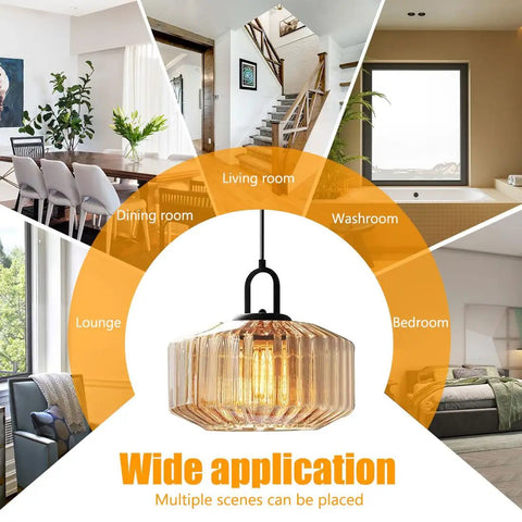 Amber Hand Blown Glass Globe Pendant Light in black finish, illustrating use in dining room, living room, bedroom, and more.