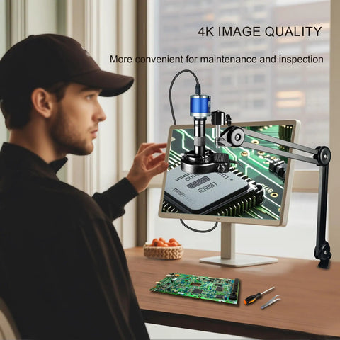 High Def Digital Microscope For Electronics Repair With 48MP 4K Imaging 1080P HDMI USB C Output 150X Zoom C Mount Lens Foldable Stand LED Ring Light Soldering Microscope For Precision PCB Work on monitor, PCB inspection setup