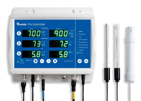 WiFi Enabled Hydroponics Pro Controller For Around The Clock Automated PH, EC And Temperature Dosing with probes displayed