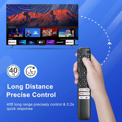 RC813 Replacement Remote for Google TV Easy Drop In Control for 4K UHD HDR QLED LED Smart TVs in hand with TV screen