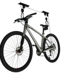 Bicycle Hoist Garage Storage Kit 2-Pack With 100 Lb Capacity, No Sweat Install Ceiling Mounted Bike Lift with rubber coated hooks.